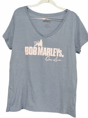 Bob Marley One Love V-Neck Tee in Dusty Blue with Light Pink Logo Size Large